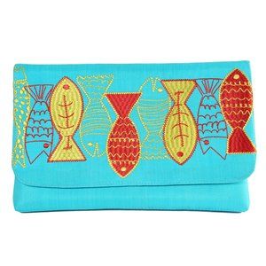 NWT! SHIRALEAH Aqua Silk & Embroidered Clutch